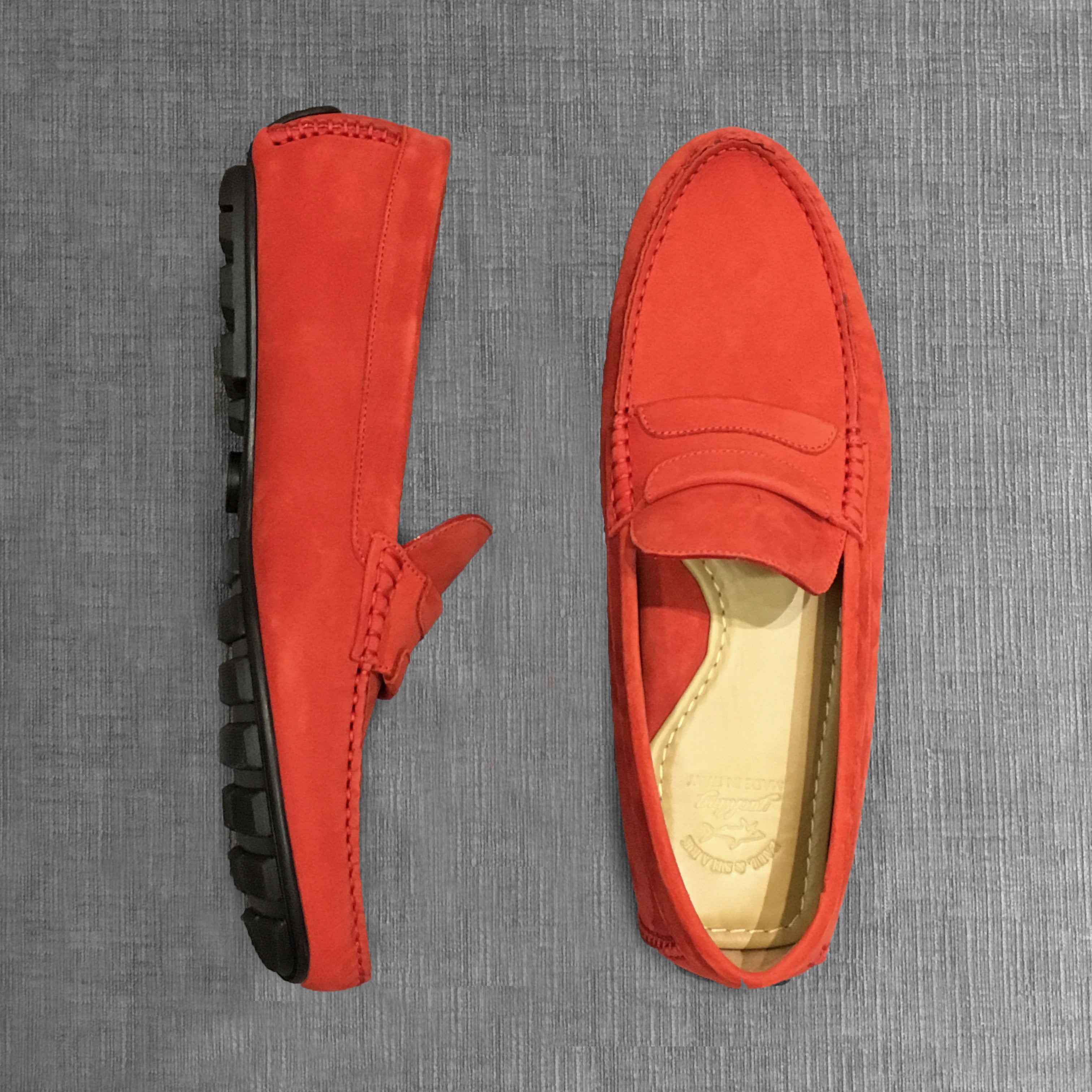 red suede moccasins