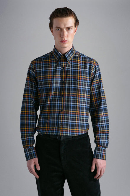Chemise à petits carreaux Homme Tattersall Chasse Bleu orange moutarde | Sunday Fox