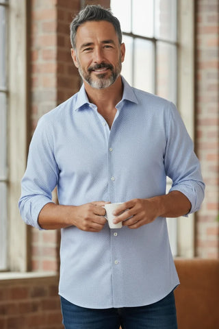 Emanuel Berg - Byron - Albini 4Flex Patterned Long Sleeve Shirt - Modern Fit - Blue