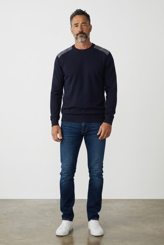 Paul & Shark - Round neck wool sweater with corded velvet appliqués