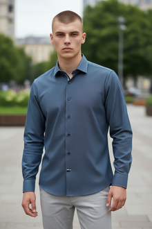  Emanuel Berg - Byron - Albini 4Flex solid long sleeve shirt - Modern Fit - Navy