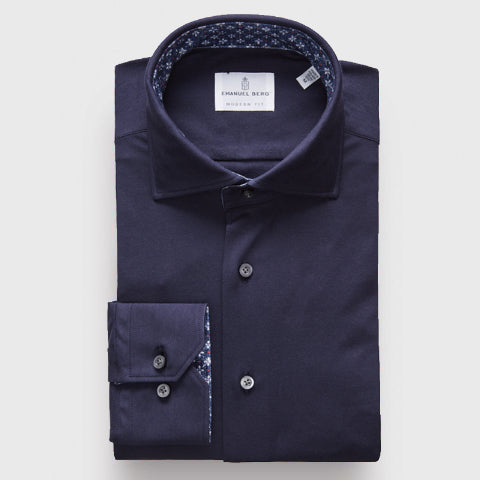 Emanuel Berg - Byron - Albini 4Flex plain long-sleeved shirt - Modern Fit - Navy