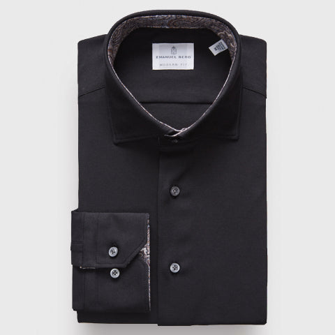 Emanuel Berg - Byron - Albini 4Flex Plain Long Sleeve Shirt - Modern Fit - Black