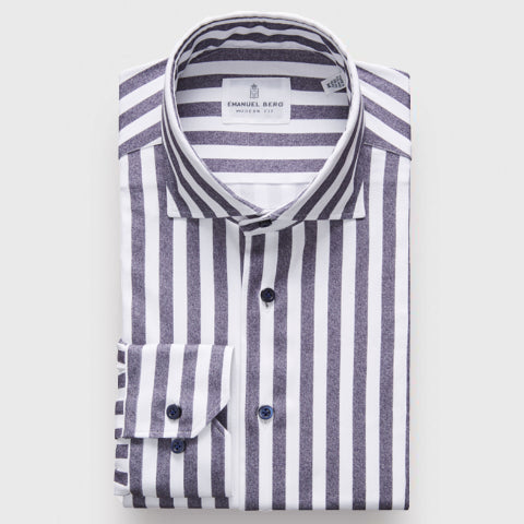 Emanuel Berg - Byron - Albini 4Flex Striped Long Sleeve Shirt - Modern Fit - Navy/White