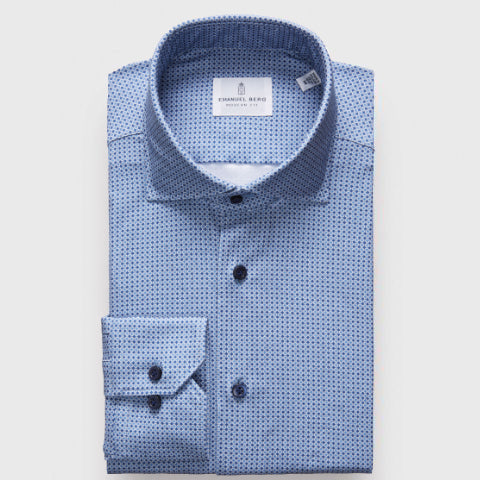 Emanuel Berg - Byron - Albini 4Flex Patterned Long Sleeve Shirt - Modern Fit - Blue