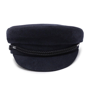 Navy wool captain's hat with black braided trim, classic maritime style headwear