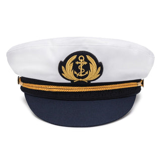 White and navy blue captain hat with gold embroidered anchor emblem and decorative braid.