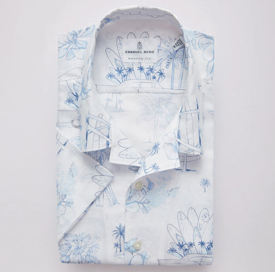 Emanuel Berg - Short-sleeved printed cotton and linen shirt