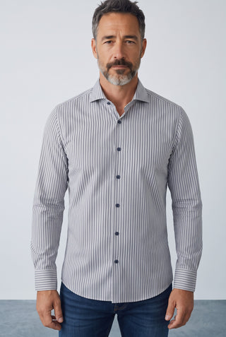 Chemise homme Emanuel Berg Byron rayée gris moyen en maille extensible Albini 4Flex avec col classique