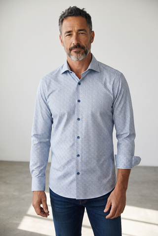 Le Capitaine D'a Bord Bugatchi James long-sleeve shirt in air blue with a geometric circle print and point collar.