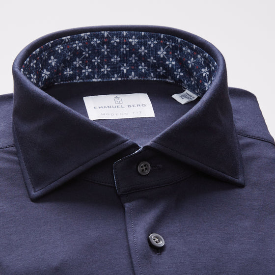 Emanuel Berg - Byron - Albini 4Flex plain long-sleeved shirt - Modern Fit - Navy