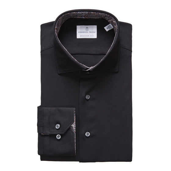 Emanuel Berg - Byron - Albini 4Flex Plain Long Sleeve Shirt - Modern Fit - Black