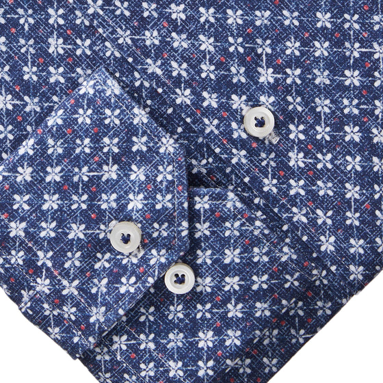 Emanuel Berg - Byron - Albini 4Flex Patterned Long Sleeve Shirt - Modern Fit - Navy