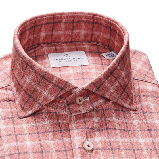 Emanuel Berg - Byron - Albini 4Flex Checked Long Sleeve Shirt - Modern Fit - Brick