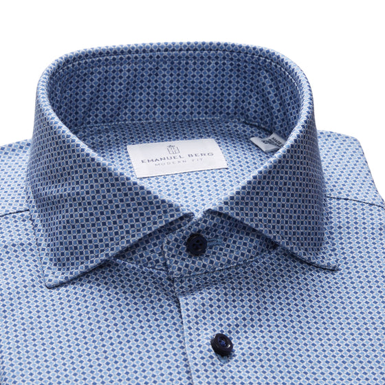 Emanuel Berg - Byron - Albini 4Flex Patterned Long Sleeve Shirt - Modern Fit - Blue