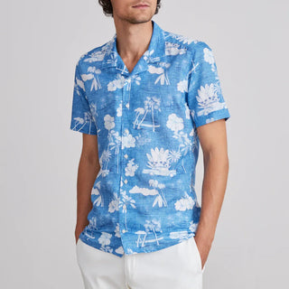 Emanuel Berg - Short-sleeved printed cotton and linen shirt - Blue