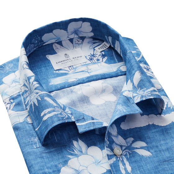 Emanuel Berg - Short-sleeved printed cotton and linen shirt - Blue