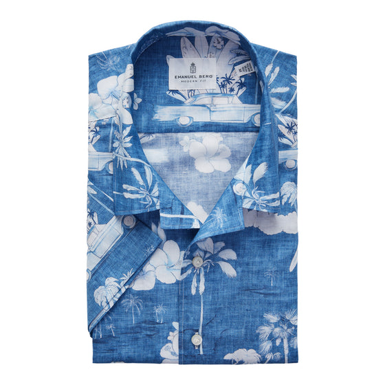 Emanuel Berg - Short-sleeved printed cotton and linen shirt - Blue