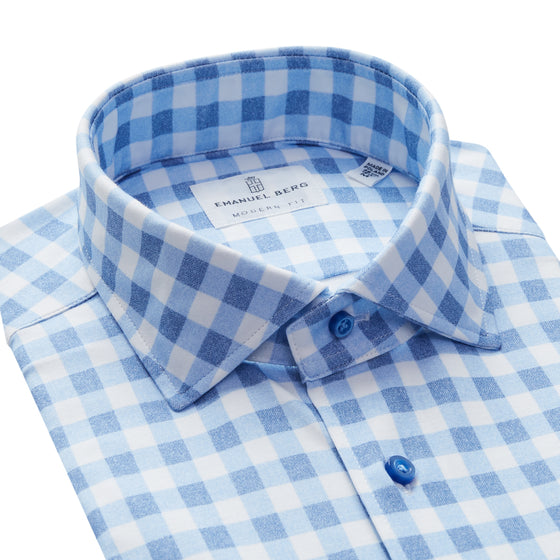 Emanuel Berg - Byron - Albini 4Flex Checked Long Sleeve Shirt - Modern Fit - Blue