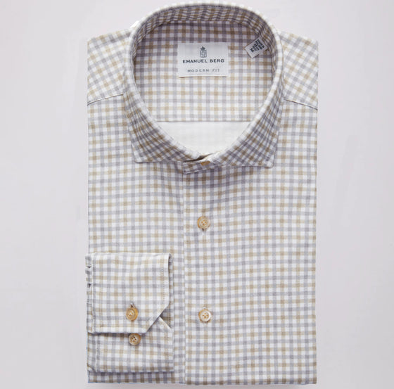 Emanuel Berg - Byron - Albini 4Flex Check Long Sleeve Shirt - Modern Fit - Beige