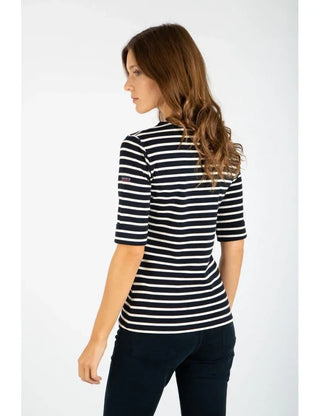 Woman wearing navy and white striped Breton 3/4 sleeve top, side profile view.