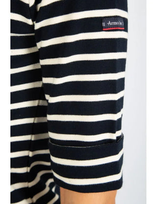 Navy and white striped Breton shirt with 3/4 sleeves and Armor-Lux logo patch on arm.
