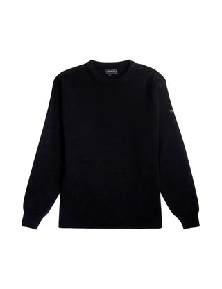 Navy blue wool sailor sweater with crew neck and shoulder buttons, long sleeves