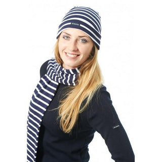 Woman wearing navy and white striped cotton beanie and scarf, casual winter outfit