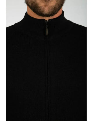 Close-up of black wool zip-up cardigan with high collar for men