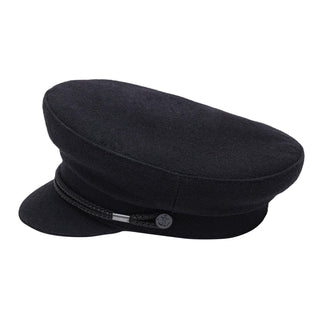 navy wool captain hat with braided band and anchor button detail on white background