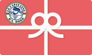 Gift card with red background, white ribbon design, and sailor logo in upper left corner