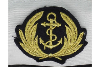 Navy blue and gold captain's hat badge with anchor and laurel embroidery
