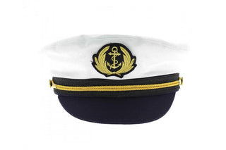 white and navy blue captain hat with gold anchor emblem and rope detail