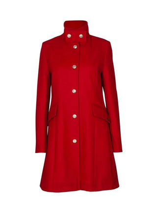 Women's long red wool coat with silver-tone buttons and high collar on white background