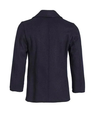 Back view of navy wool men's peacoat with tailored seams, shown against white background