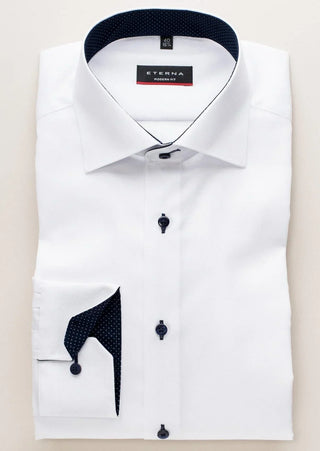 White long sleeve modern fit men's dress shirt with dark buttons and contrast dotted lining