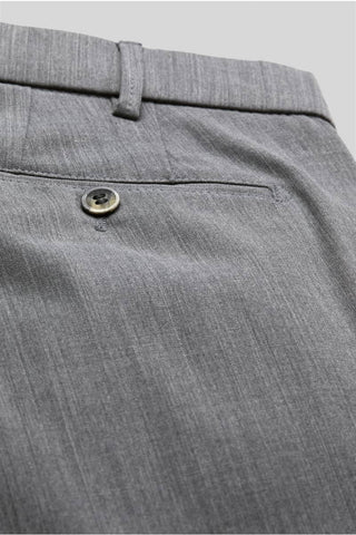 Close-up of grey lightweight wool trousers with pocket and button detail