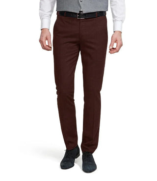 Men's burgundy wool dress pants, slim fit, styled with dress shoes and a belt