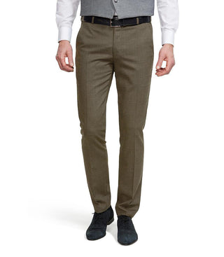 Men's slim fit light wool trousers in brown, styled with a dress shirt and vest
