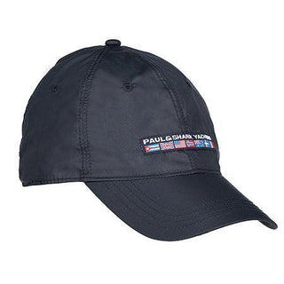 Navy blue nylon yachting cap with stitched logo and nautical flags on the front