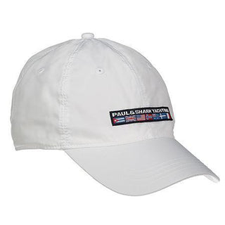 White nylon yachting cap with front patch featuring flags and embroidered Paul & Shark Yachting text