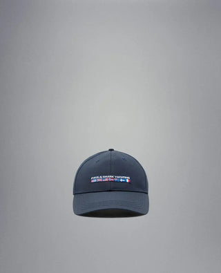 Navy blue nylon yachting cap with embroidered Paul & Shark logo and nautical flags, front view