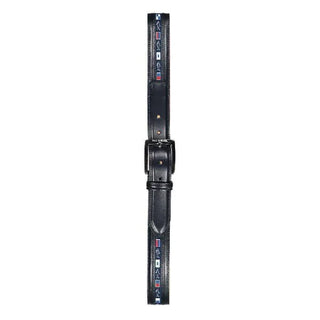 Black leather belt with nautical flag details and metal buckle, displayed on white background