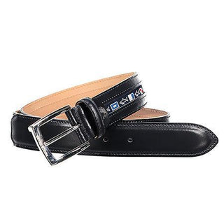 Black leather belt with silver buckle and colorful nautical flag accents