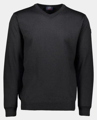 Men's black V-neck merino wool sweater with long sleeves