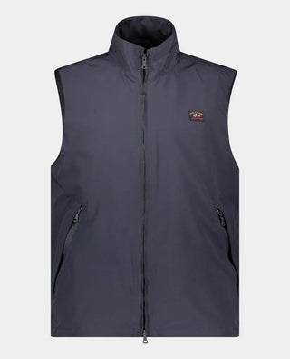 Men's navy blue nylon sleeveless vest with zip front and high collar