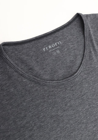 Close-up of a dark grey crewneck Perofil 4Seasons men's t-shirt on white background