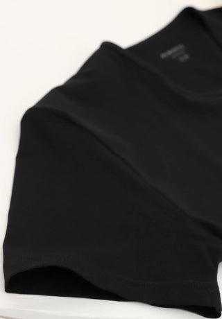 Black crew neck short sleeve men's T-shirt on white background