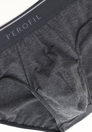 Close-up of gray Perofil men's cotton briefs with elastic logo waistband