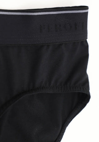 Close-up of black men's briefs with elastic waistband, featuring subtle branding and minimalist design